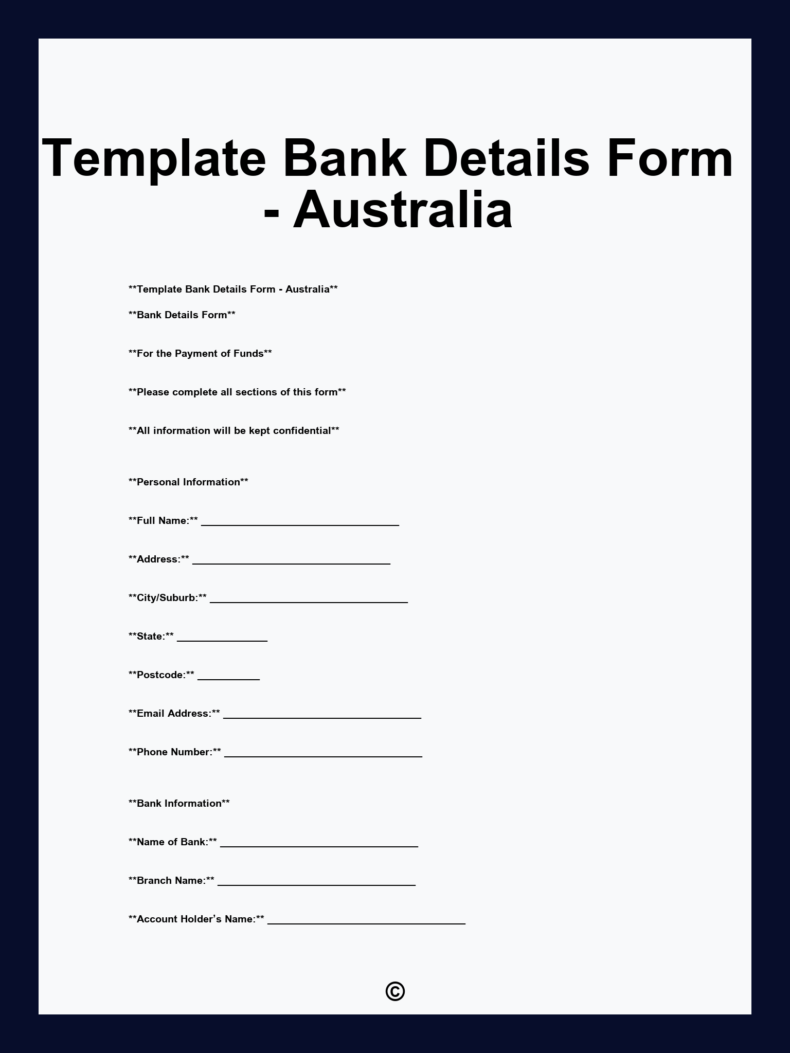 Template Bank Details Form - Australia