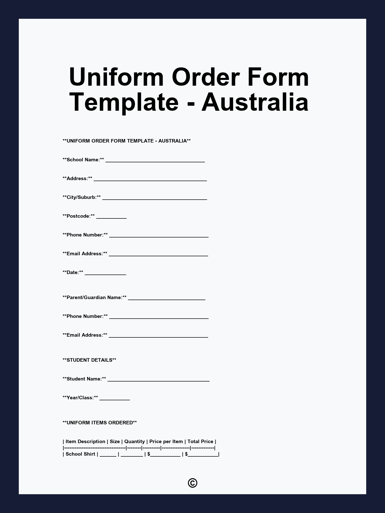 Uniform Order Form Template - Australia