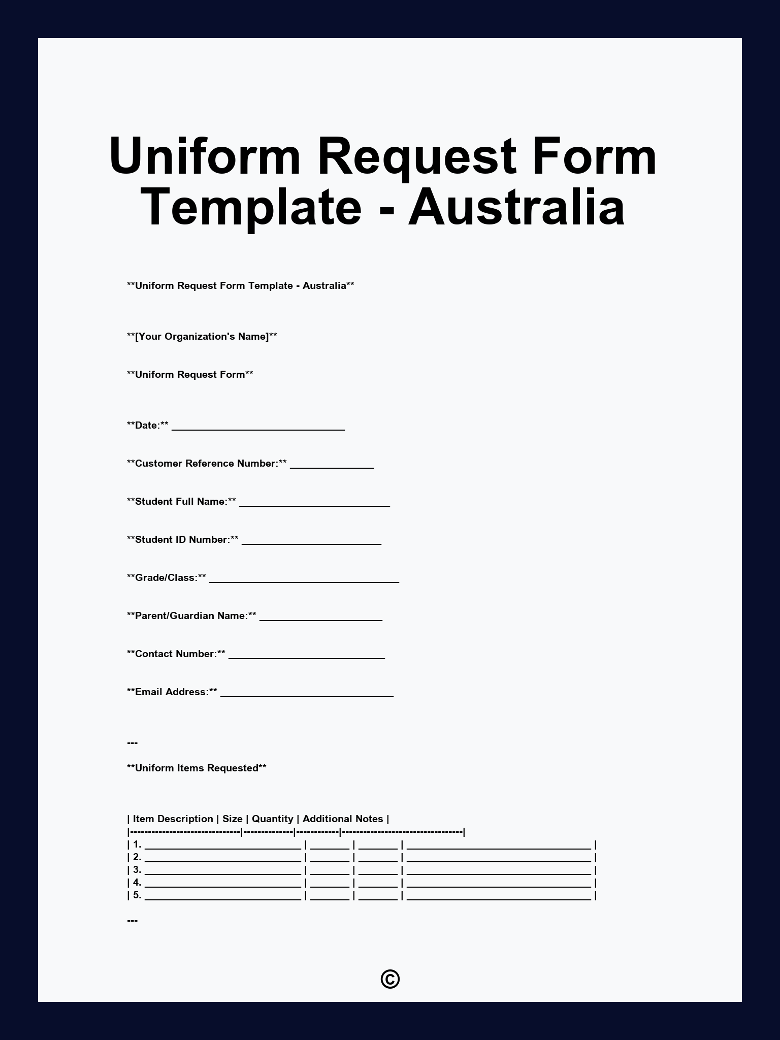 Uniform Request Form Template - Australia