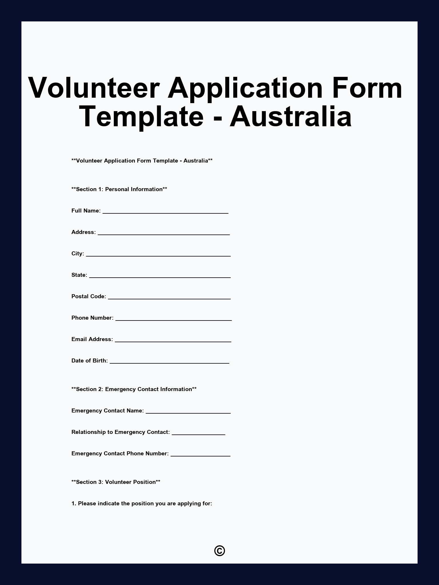 Volunteer Application Form Template - Australia