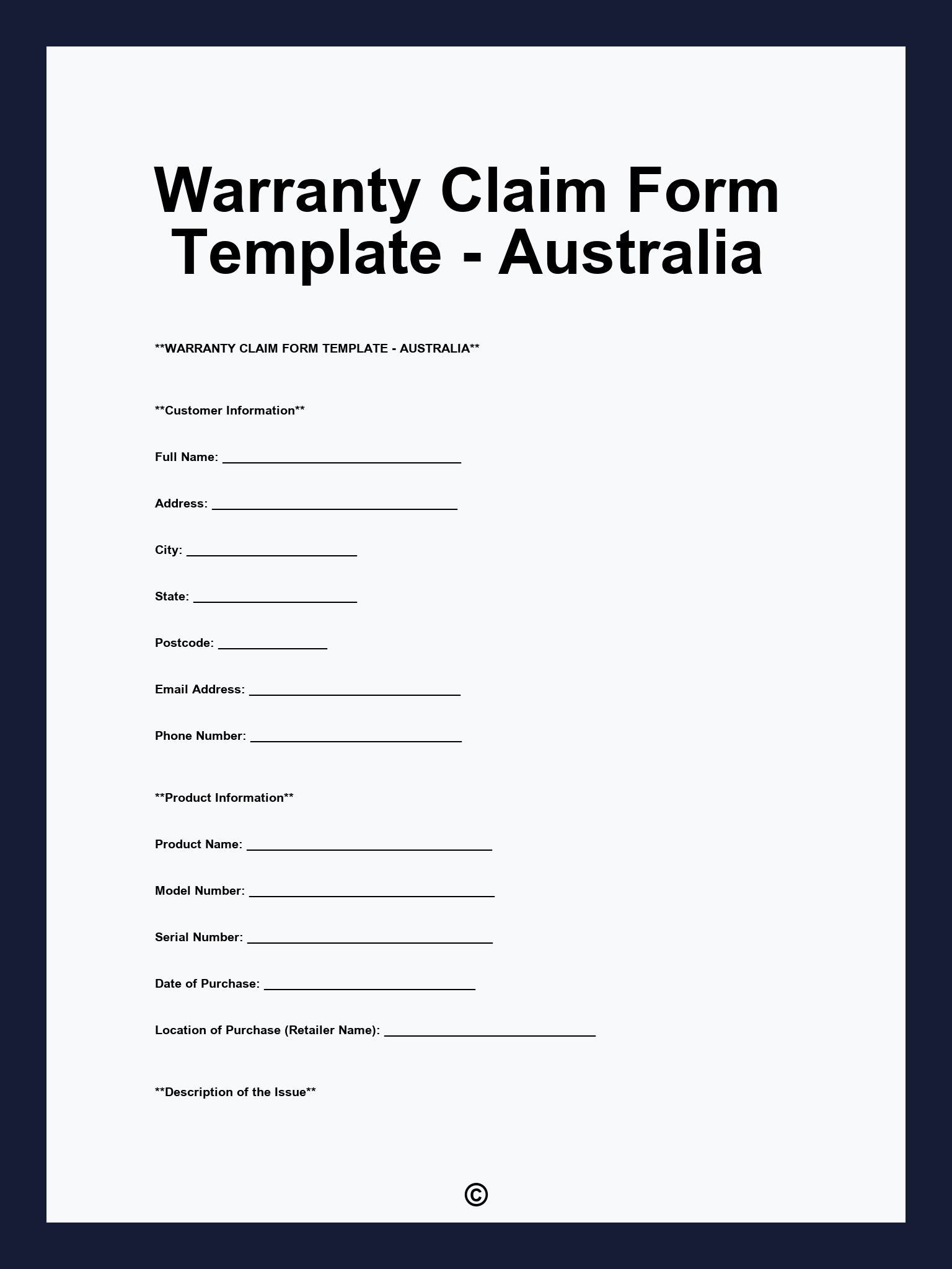 Warranty Claim Form Template - Australia