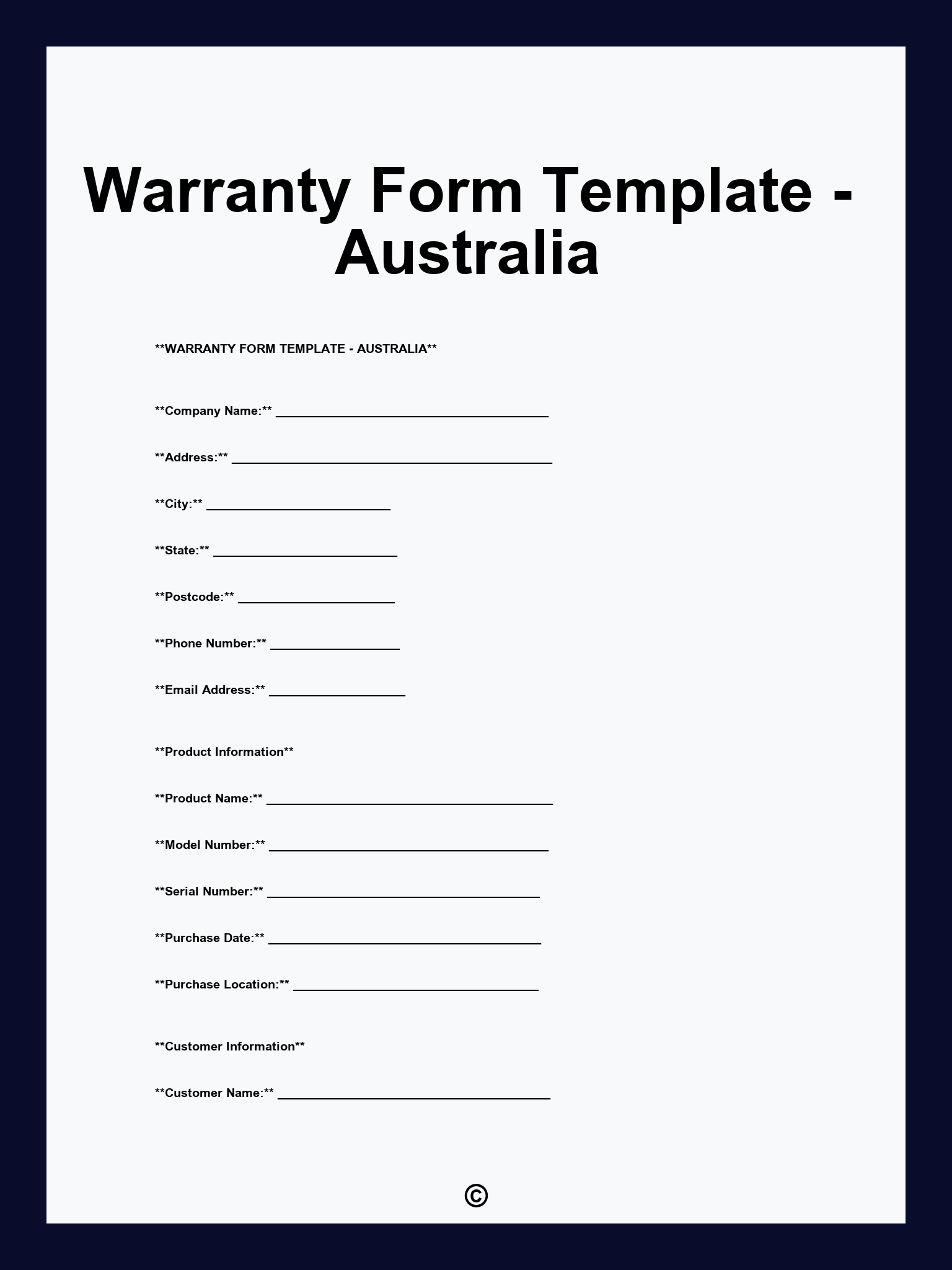 Warranty Form Template - Australia