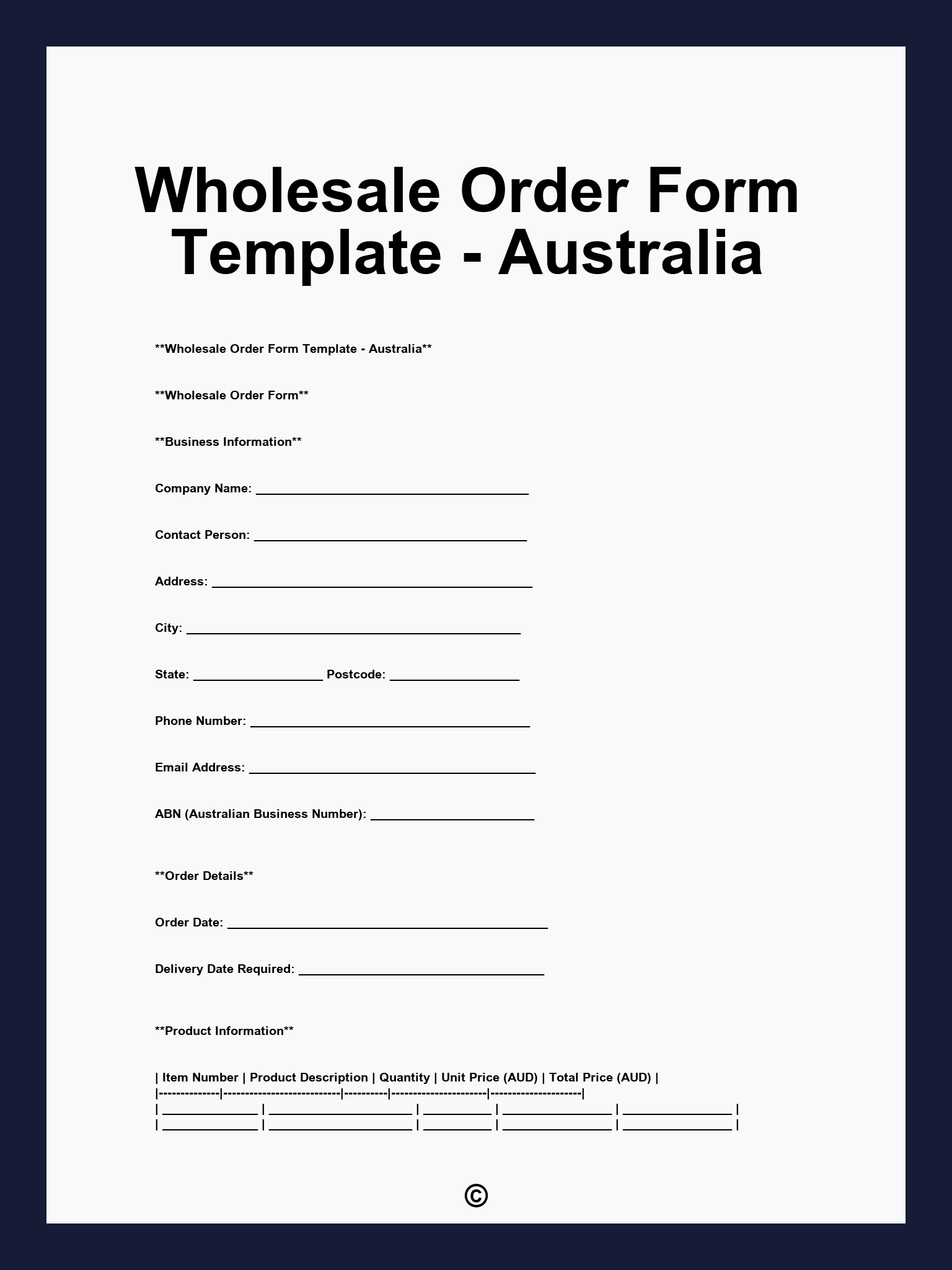 Wholesale Order Form Template - Australia