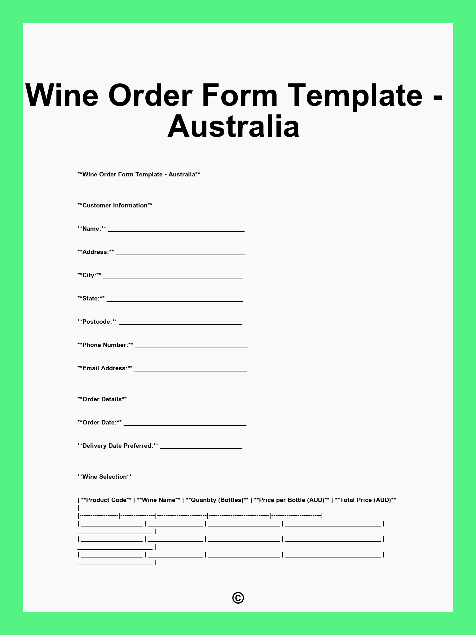 Wine Order Form Template - Australia