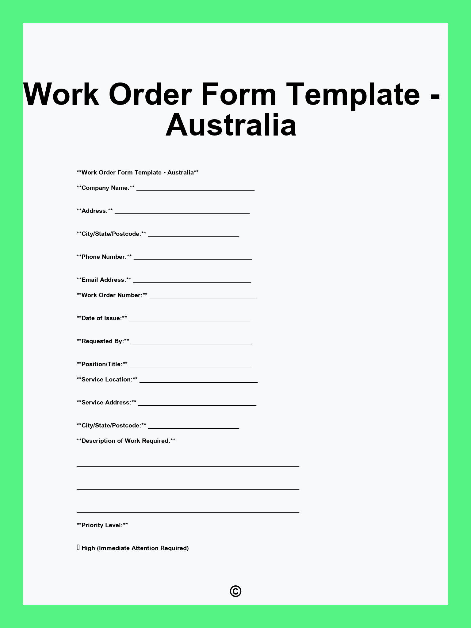 Work Order Form Template - Australia